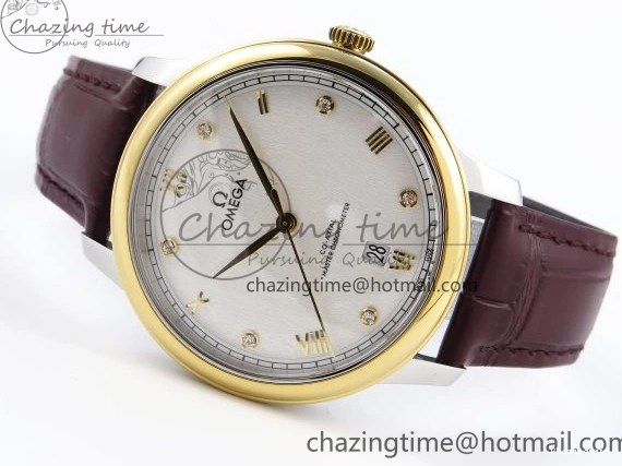 0421 De Ville Date YG MKF 1:1 Best Edition White Textured Dial Diamonds Marker on Brown Leather Strap A WaterResistant 7754